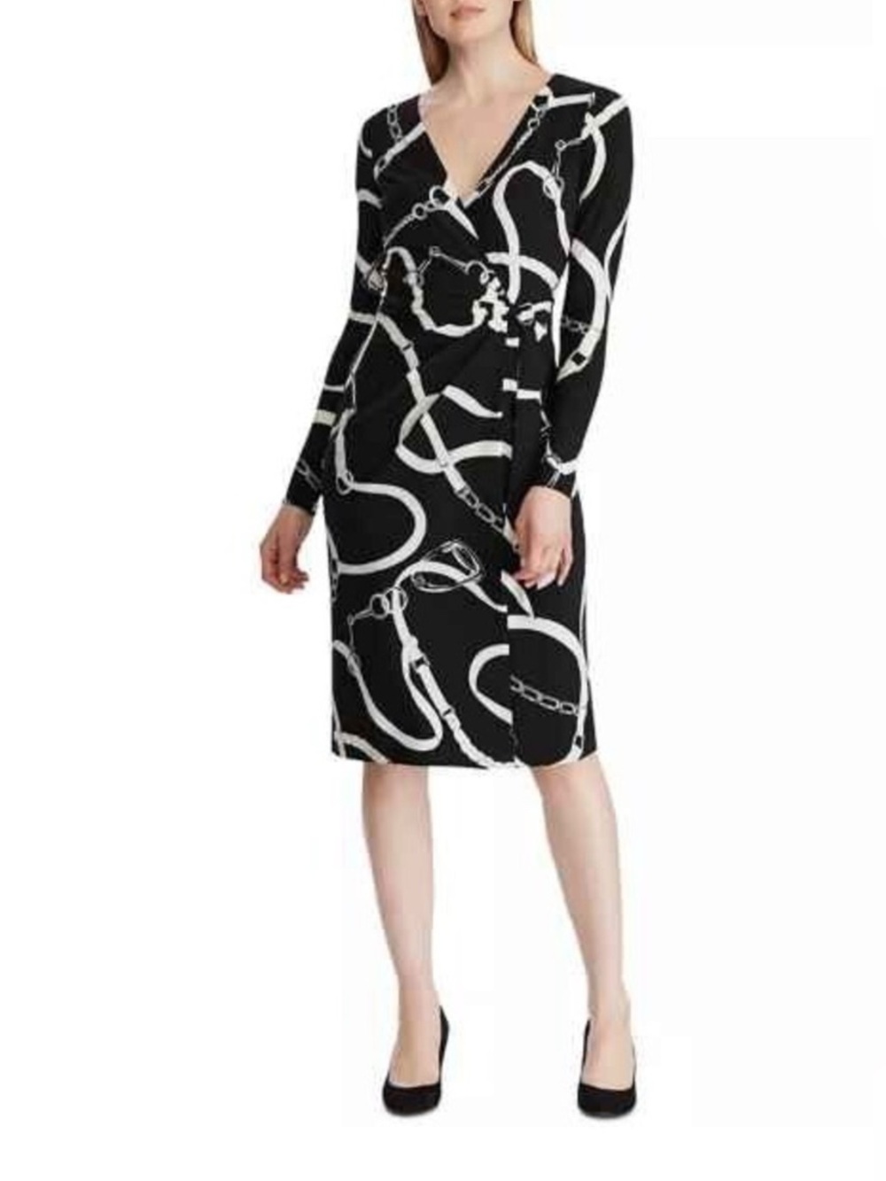 Ralph Lauren Black Faux Wrap Dress with White Chain Print